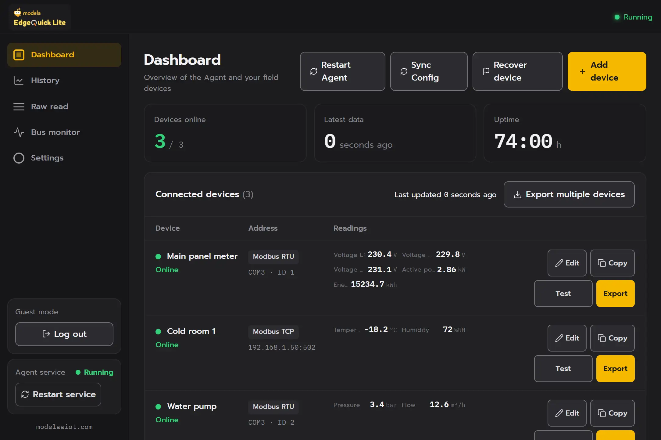 EdgeQuick Lite Dashboard with three example devices online: devices online, latest data, uptime and the latest readings of each device.