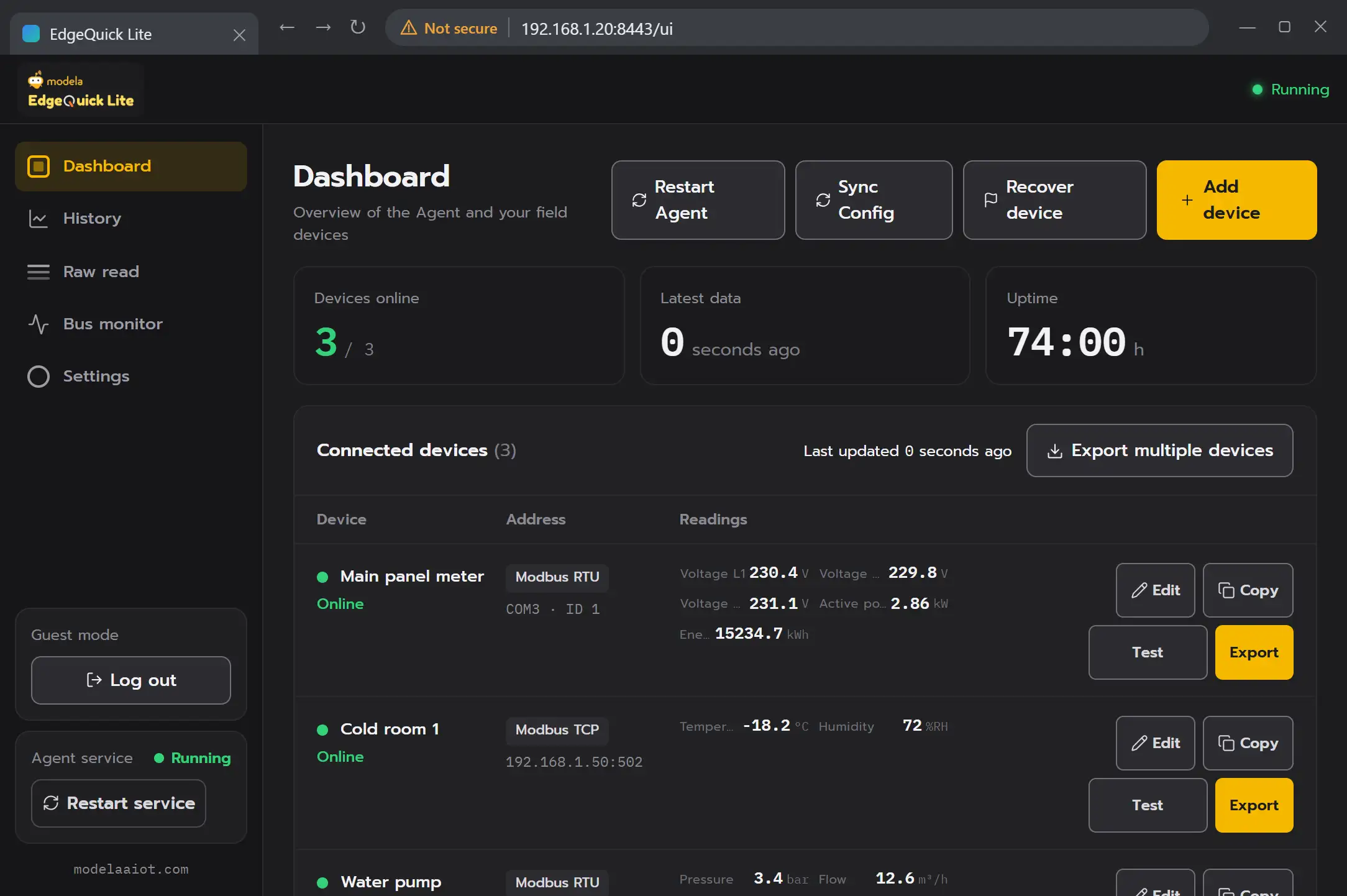 EdgeQuick Lite Dashboard open in a web browser at the example address 192.168.1.20:8443/ui, marked Not secure because the connection is plain HTTP, with three example devices online.
