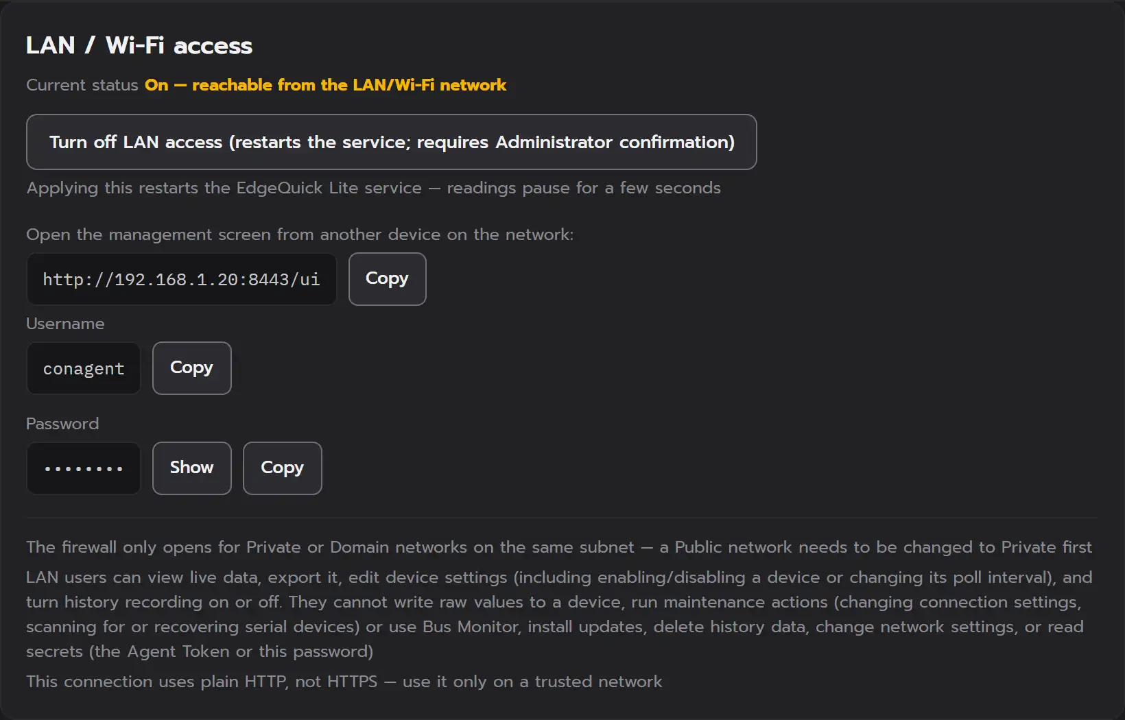 The “LAN / Wi-Fi access” card in the EdgeQuick Lite desktop app, turned on, listing the example address http://192.168.1.20:8443/ui, the username, a hidden password and the plain-HTTP warning.