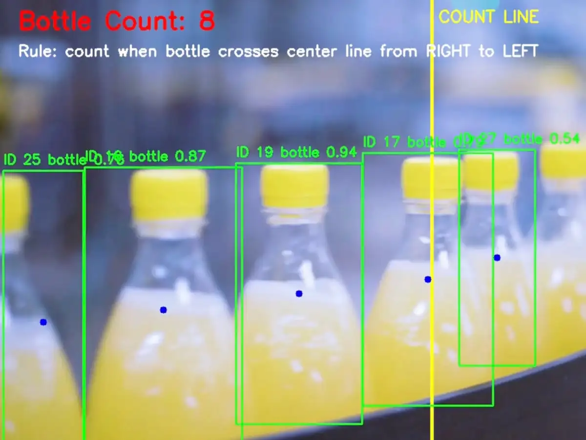 Recorded output on a bottling line: bottles boxed with IDs and confidence scores, a yellow count line, and the counter Bottle Count: 8.